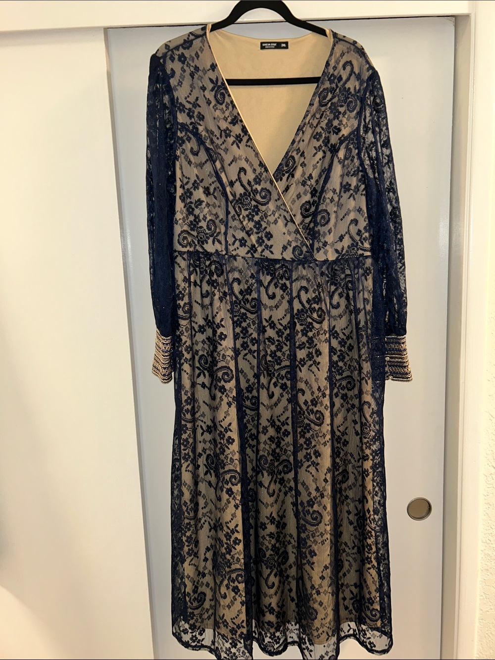 SHEIN Curve Navy Lace Overlay Long Sleeve Wrap Dress with Nude Lining